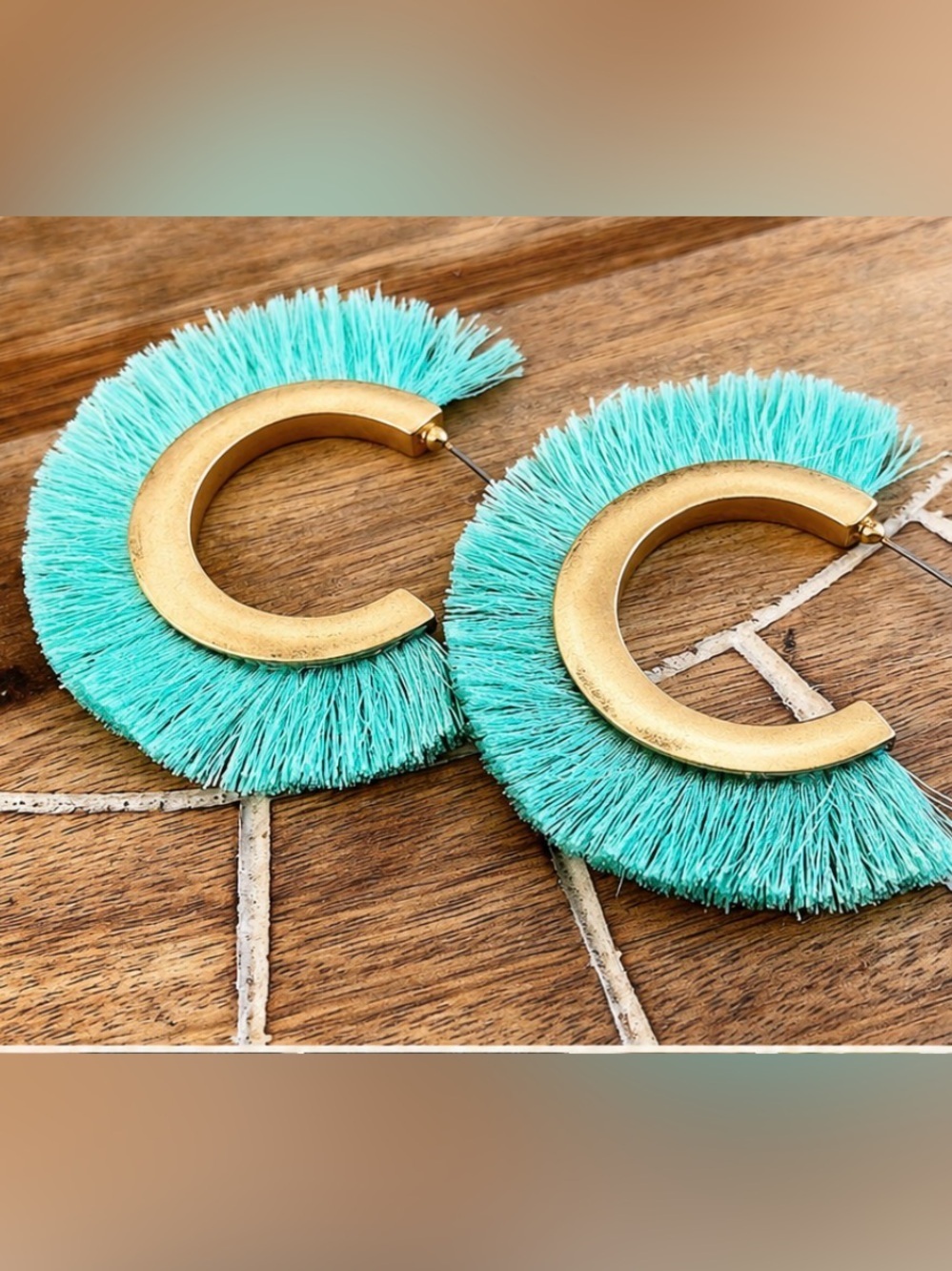 Turquoise Fringe Hoop Earrings | Gold-Tone Boho Statement Earrings